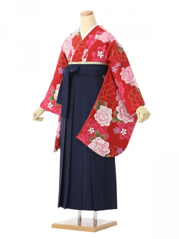 大きな薔薇と牡丹桜柄の卒業式袴フルセット(赤系)|卒業袴(普通サイズ)