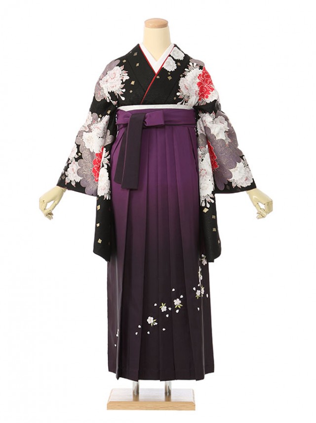 JAPAN STYLEブランド牡丹八重桜柄の卒業式袴フルセット(黒系)|卒業袴(普通サイズ)
