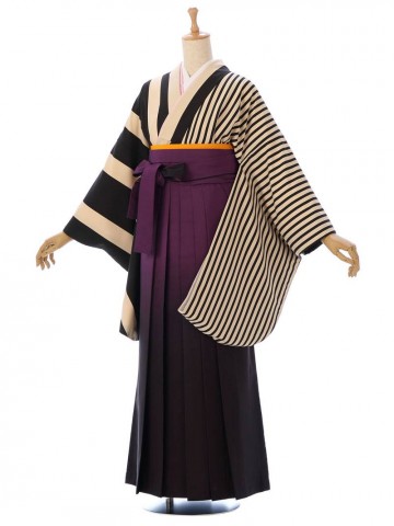 大小の縞柄の卒業式袴フルセット(ベージュ系)|卒業袴(普通サイズ)