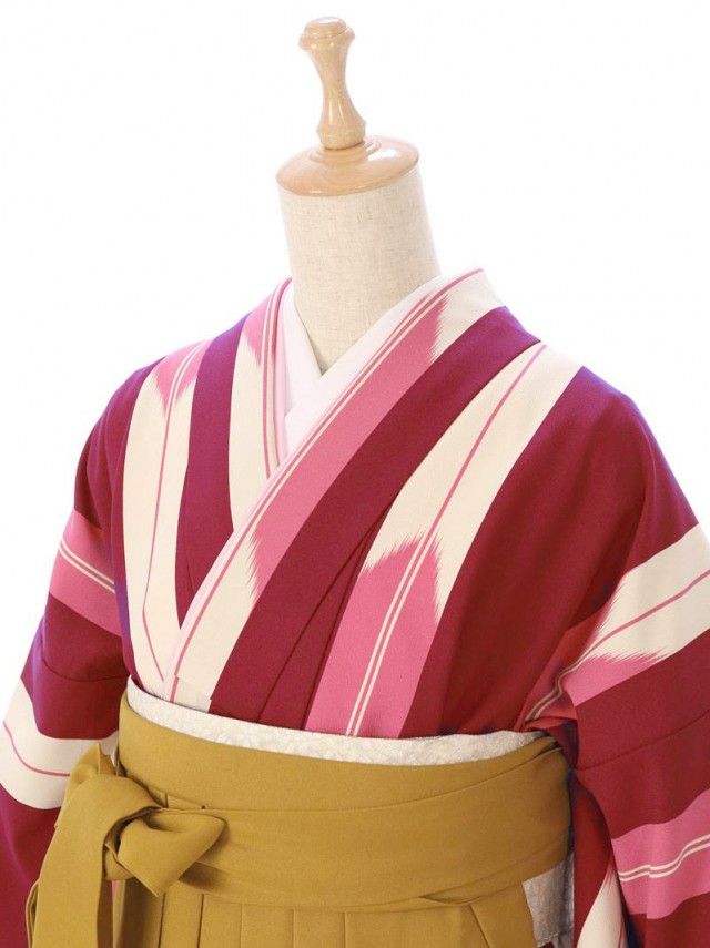 ピンク矢絣柄の卒業式袴フルセット(赤紫系)|卒業袴(普通サイズ)