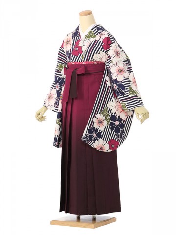 縦縞に花柄の卒業式袴フルセット(紺系)|卒業袴(普通サイズ)