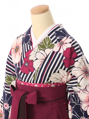 縦縞に花柄の卒業式袴フルセット(紺系)|卒業袴(普通サイズ)