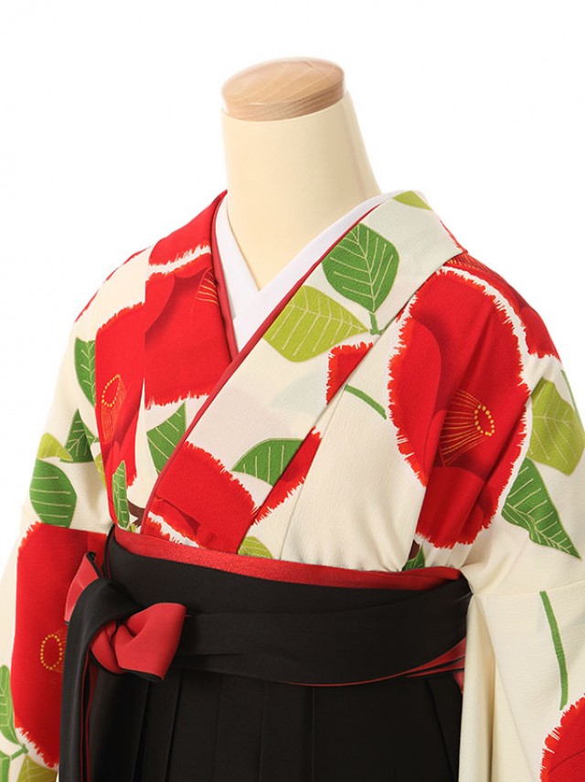 紅一点ブランド椿柄の卒業式袴フルセット(白/赤系)|卒業袴(裄長サイズ)