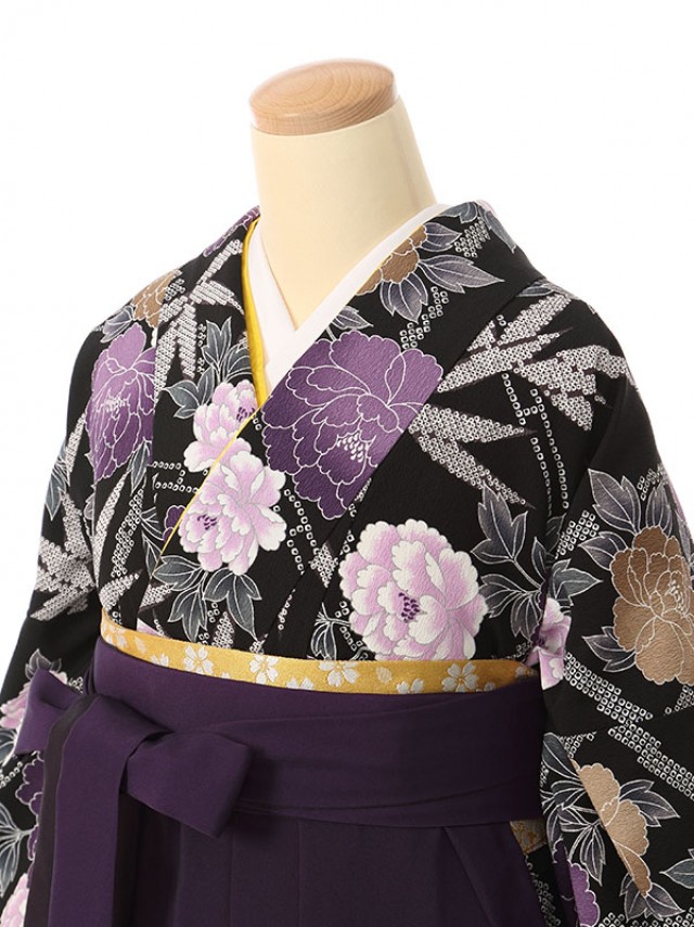 紫牡丹と竹柄の卒業式袴フルセット(茶系)|卒業袴(大きいサイズ)(ワイド)
