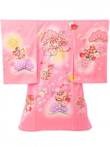 【正絹】着物　鞠に桜松柄の宮参り着物　フルセット(ピンク系)|女の子