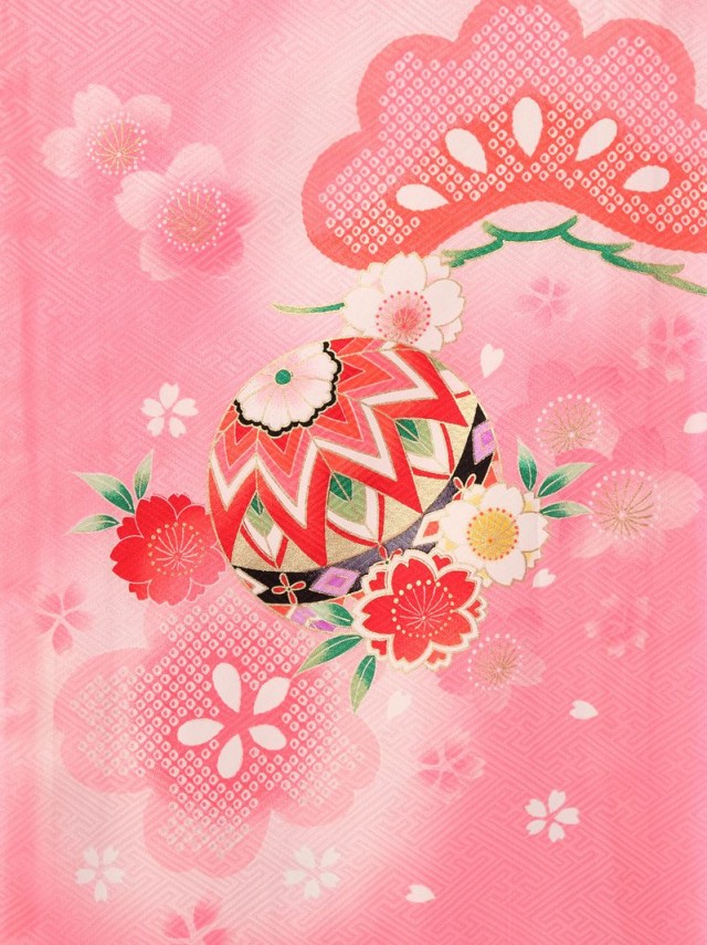 【正絹】着物　鞠に桜松柄のお宮参り着物　フルセット(ピンク系)|女の子