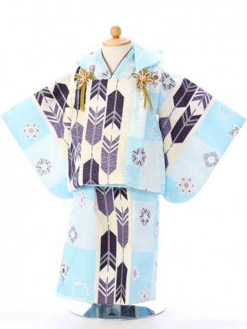 市松に矢羽根柄の赤ちゃん着物(被布)フルセット(水色系)|男の子0〜2歳