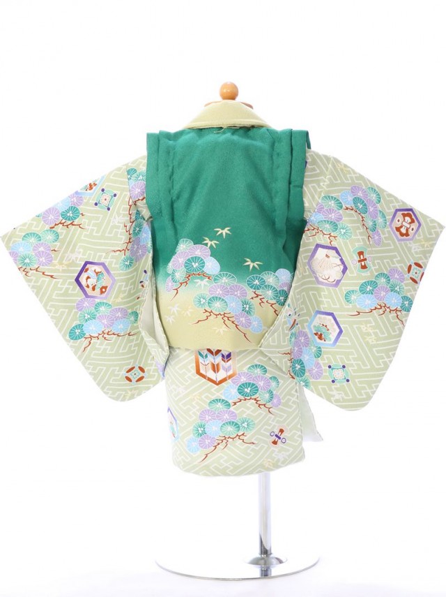 松に亀甲柄の赤ちゃん着物(被布)フルセット(うぐいす/緑系)|男の子0〜2歳
