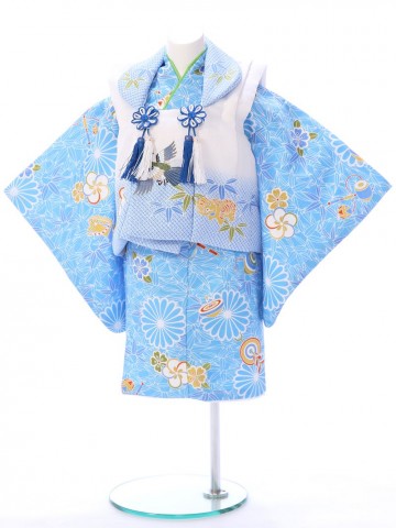 鷹刺繍　菊　竹梅柄の赤ちゃん着物(被布)フルセット(水色/白系)|男の子0〜2歳
