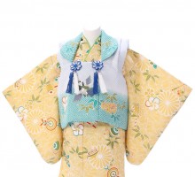 鷹刺繍　菊　竹梅柄の赤ちゃん着物(被布)フルセット(青/緑/ベージュ系)|男の子0〜2歳