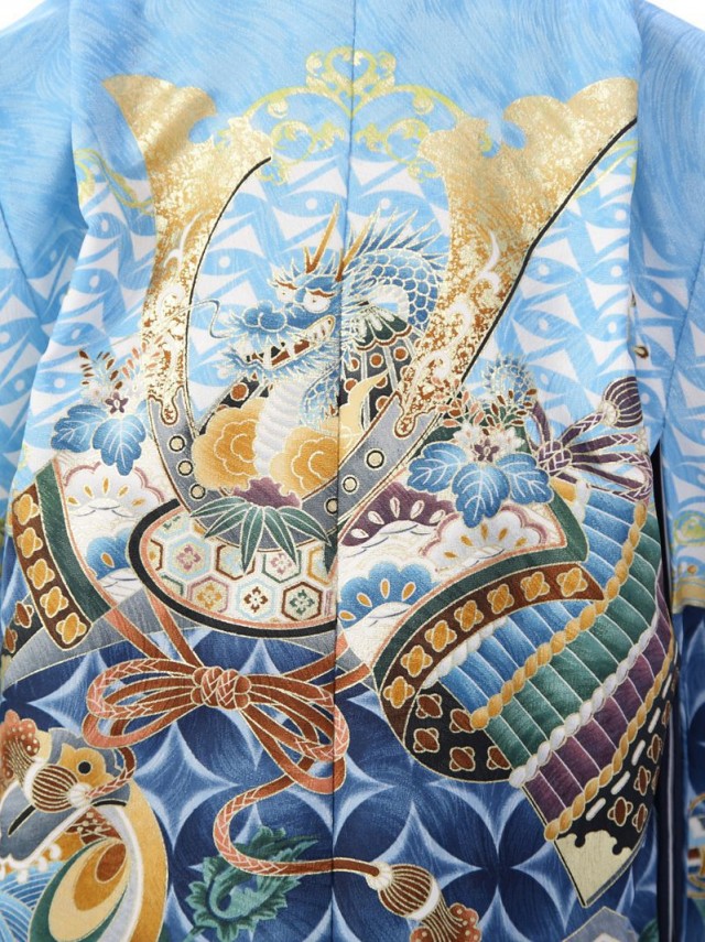 【七五三レンタル　5歳　男の子】水色の羽織に金襴の袴 e-5-897
