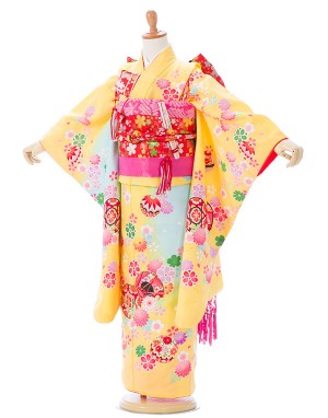 【七歳女の子】	　椿姫ブランド☆　黄色/水色地の可愛いコンビの桜地紋に古典柄。