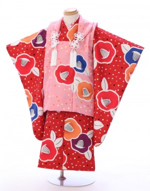 式部浪漫　レトロな椿柄の七五三　着物　3歳　女の子(被布)フルセット(赤　ピンク系)|女の子(3歳)