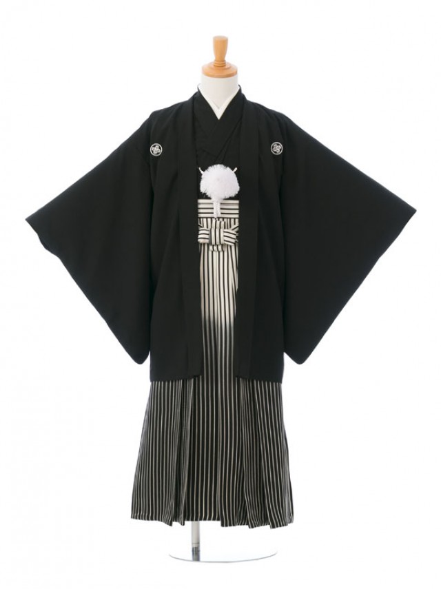 黒紋付き|袴レンタル|150〜155cm|白紋|袴フルセット(黒系)|男の子(小学生袴)