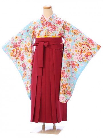 鞠に四季花柄の卒業式袴フルセット(水色系)|女の子(小学生袴)　