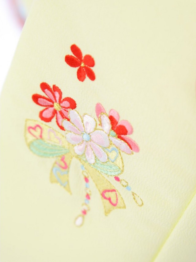 洋花　リボン柄の赤ちゃん着物(被布)フルセット(黄/水色系)|女の子0〜2歳
