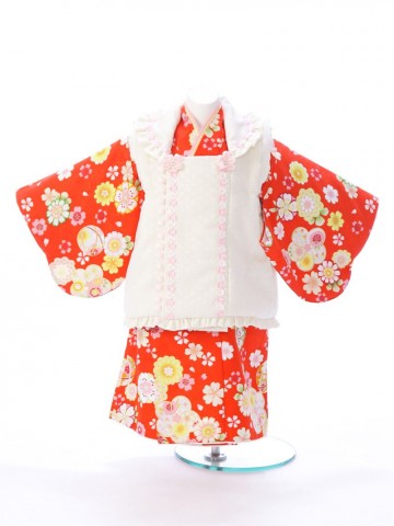 小花　鞠と桜菊柄の赤ちゃん着物(被布)フルセット(白/赤系)|女の子0〜2歳