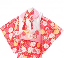 桜　菊柄の赤ちゃん着物(被布)フルセット(ピンク系)|女の子0〜2歳