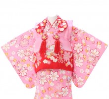 鞠刺繍　梅柄の赤ちゃん着物(被布)フルセット(ピンク/赤系)|女の子0〜2歳