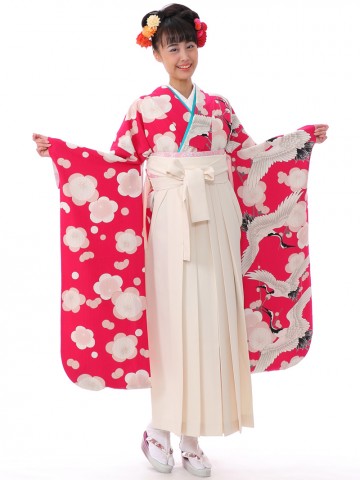 振袖袴|梅鶴と梅 片身がわり 卒業式袴フルセット(ピンク系)|卒業袴(普通サイズ)
