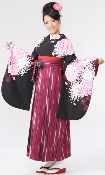 マーキュリーデュオ牡丹柄の卒業式袴フルセット(黒系)|卒業袴(大きいサイズ)(ワイド)