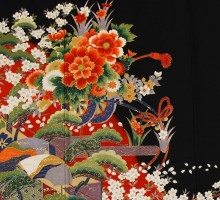 Lサイズ　赤地花車三階松に桜柄の黒留袖フルセット(黒)| 黒留袖・大きいサイズ(ワイド)