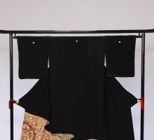 Mサイズ　薄茶金紺渦巻紅白梅枝柄の黒留袖フルセット(黒)|黒留袖