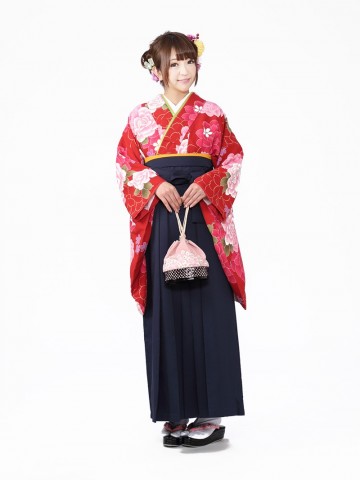 大きな薔薇と牡丹桜柄の卒業式袴フルセット(赤系)|卒業袴(普通サイズ)