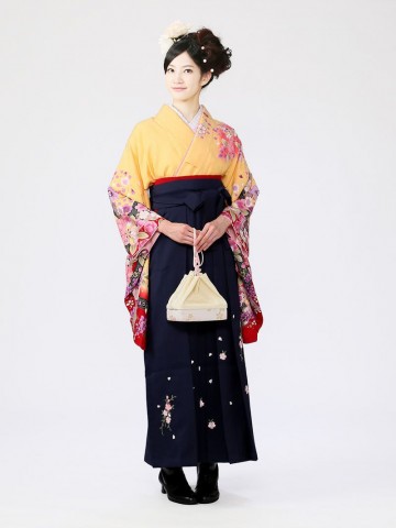 袖赤ぼかし鹿の子牡丹と桜柄の卒業式袴フルセット(黄色系)|卒業袴(普通サイズ)