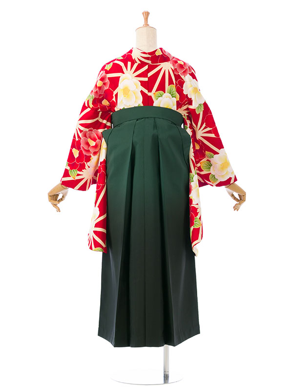 レンタル袴|レトロ|麻の葉|椿柄の卒業式袴フルセット(赤系)|卒業袴(普通サイズ)5枚目