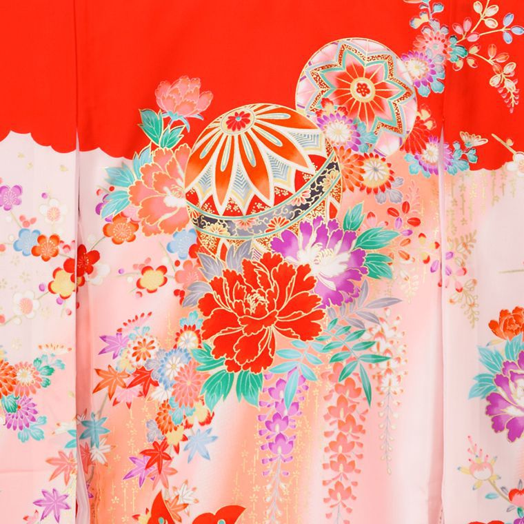 四季の花　蝶　まり　牡丹柄の宮参り着物フルセット(赤　ピンク系)|女の子