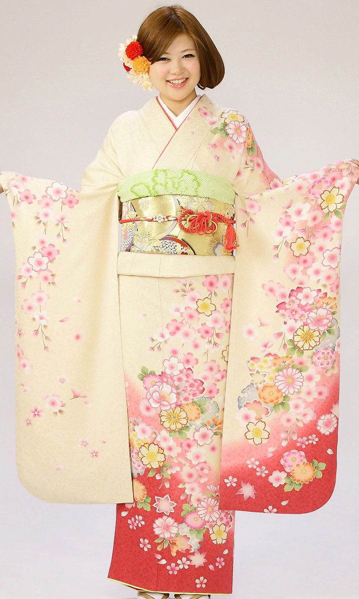 【振袖(成人式シーズン)レンタル】白地 裾ピンク 枝垂れ桜柄の振袖
