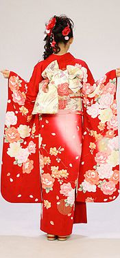 大きな薔薇　水玉　花びら柄の振袖フルセット(赤系)|普通サイズ【2〜12月】