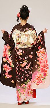 【裄長】大きなピンク牡丹　蝶柄の振袖フルセット(茶系)|普通サイズ【2〜12月】