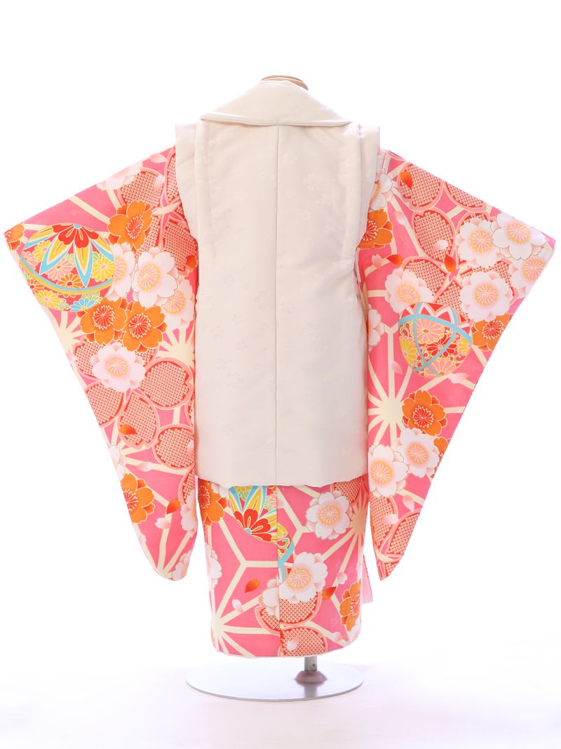 七五三　3歳　女の子　着物（被布コート）セット◆白色/ピンク系　桜◆sd5950