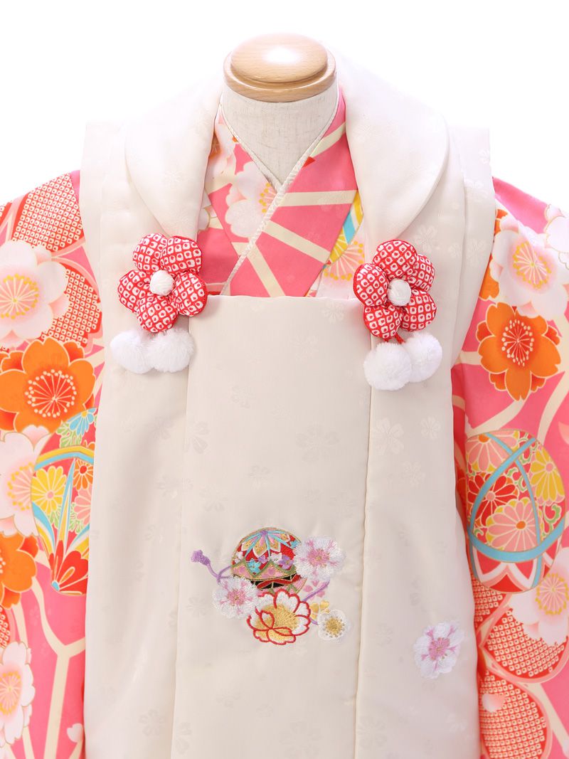七五三　3歳　女の子　着物（被布コート）セット◆白色/ピンク系　桜◆sd5950