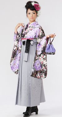 紫の牡丹桜柄の卒業式袴フルセット(黒系)|卒業袴(大きいサイズ)(ワイド)