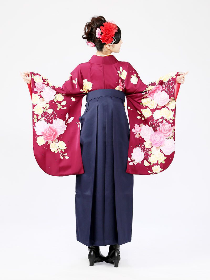 袴レンタル ピンクと黄色のバラ柄の卒業式袴フルセット 紫系 卒業袴 普通サイズ E きものレンタル
